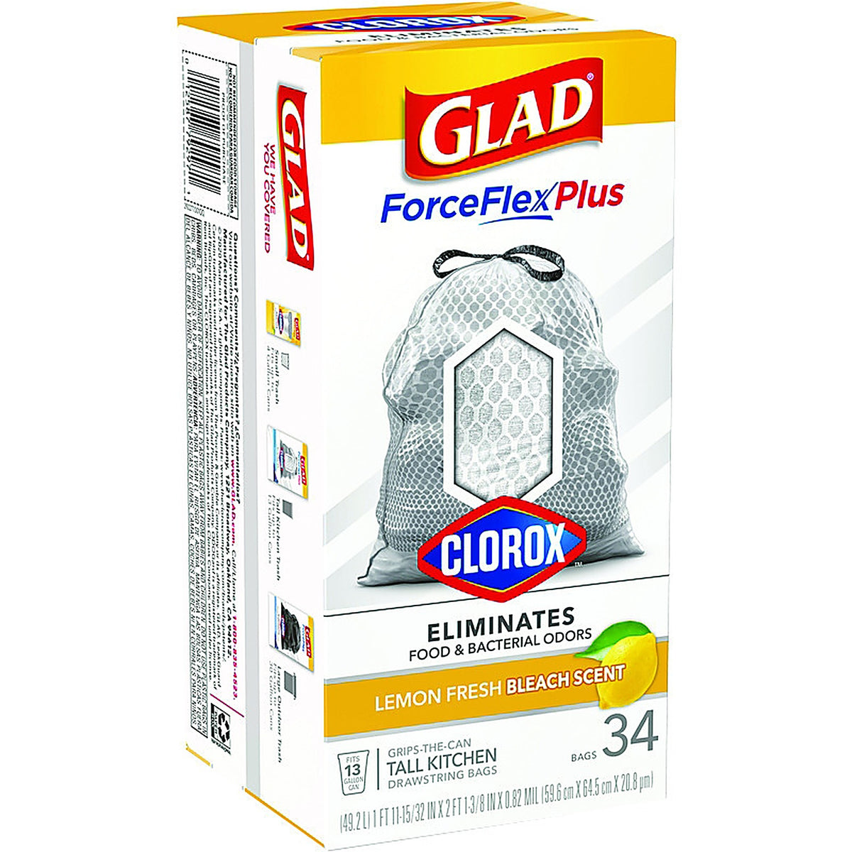 Glad 79297 ForceFlex Plus 13 gal. Lemon Scent Tall Kitchen Bags Drawstring 34/Pack