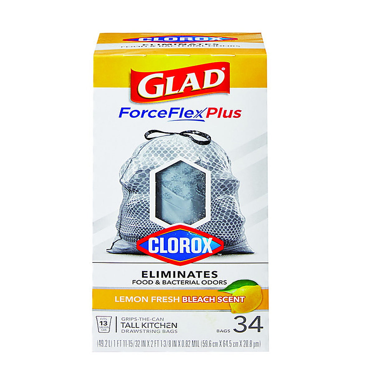 Glad 79297 ForceFlex Plus 13 gal. Lemon Scent Tall Kitchen Bags Drawstring 34/Pack
