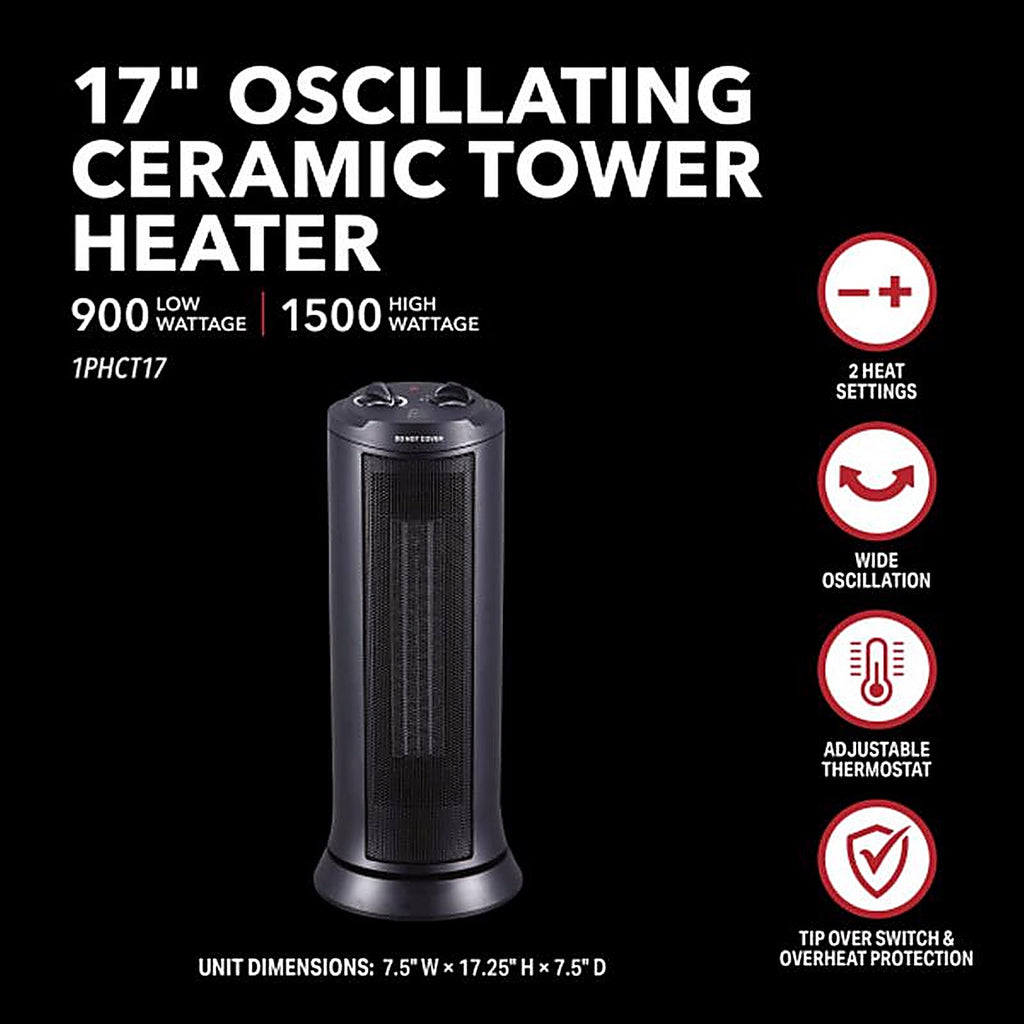 Perfect Aire 1PHCT17 128 sq ft Electric Oscillating Tower Space Heater 5120 BTU