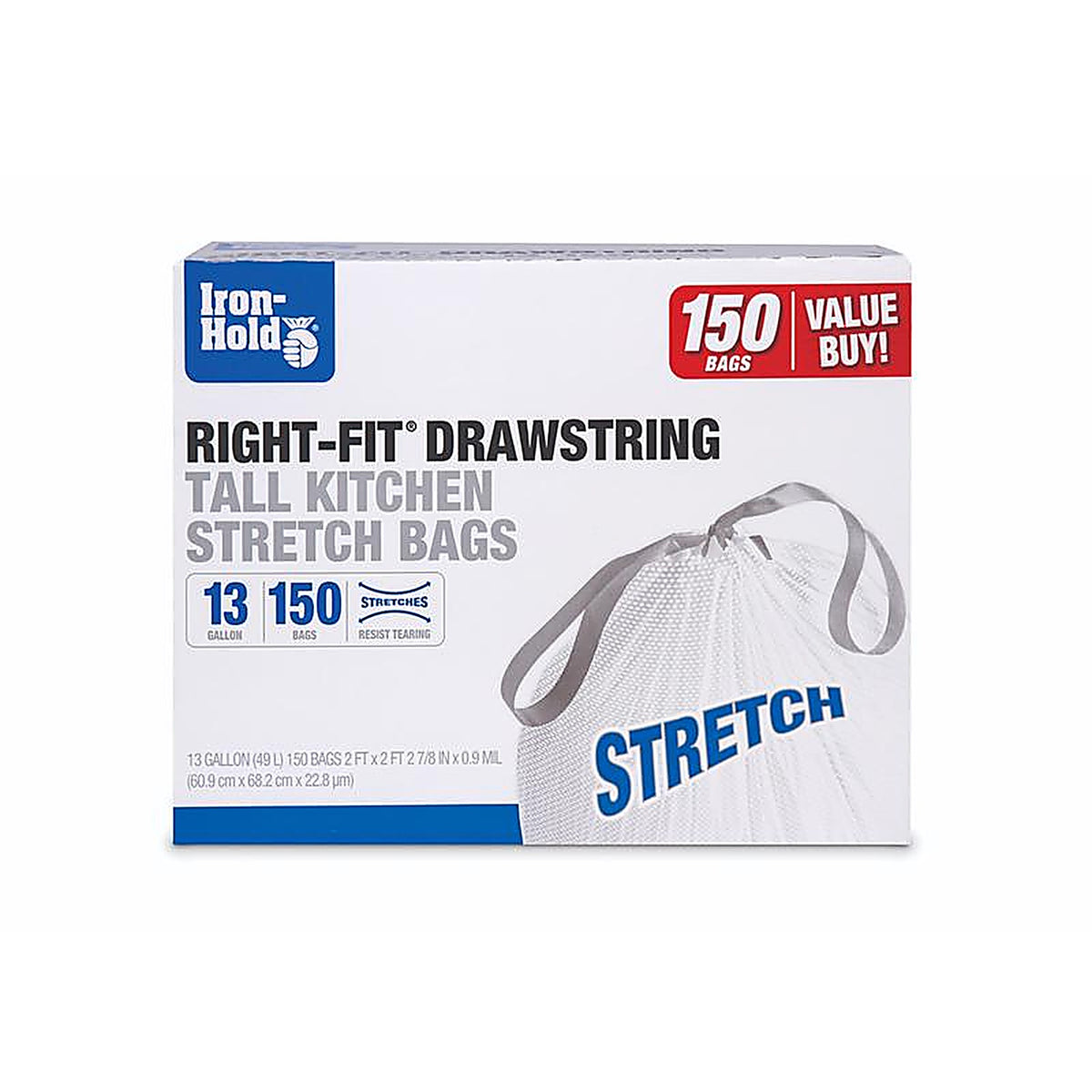 Iron-Hold 1695249 Right-Fit 13 gal Tall Kitchen Bags Drawstring 150 pk