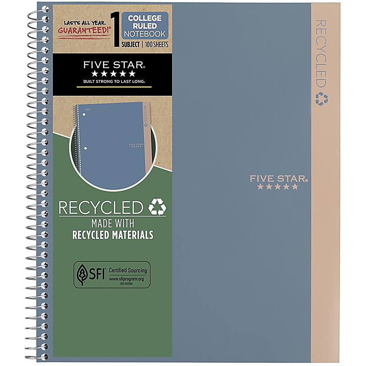Five Star - 820053-22 - Recycled 9.75 In. W X 11 In. L College Ruled Spiral Blue Notebook
