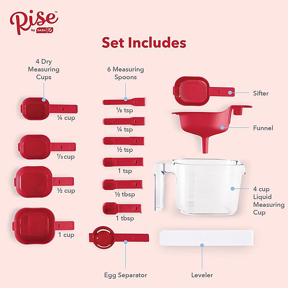 Rise by Dash RSMS150GBRR24 Plastic Clear/Red Measuring Cup Set