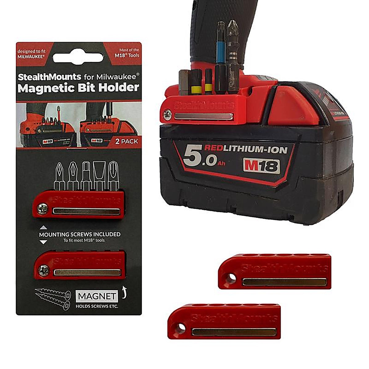 StealthMounts - BH-MW18-RED-2 - Bit Holders Compatible with Milwaukee M18; Red Abs Magnetic Bit Holder 2 Pack