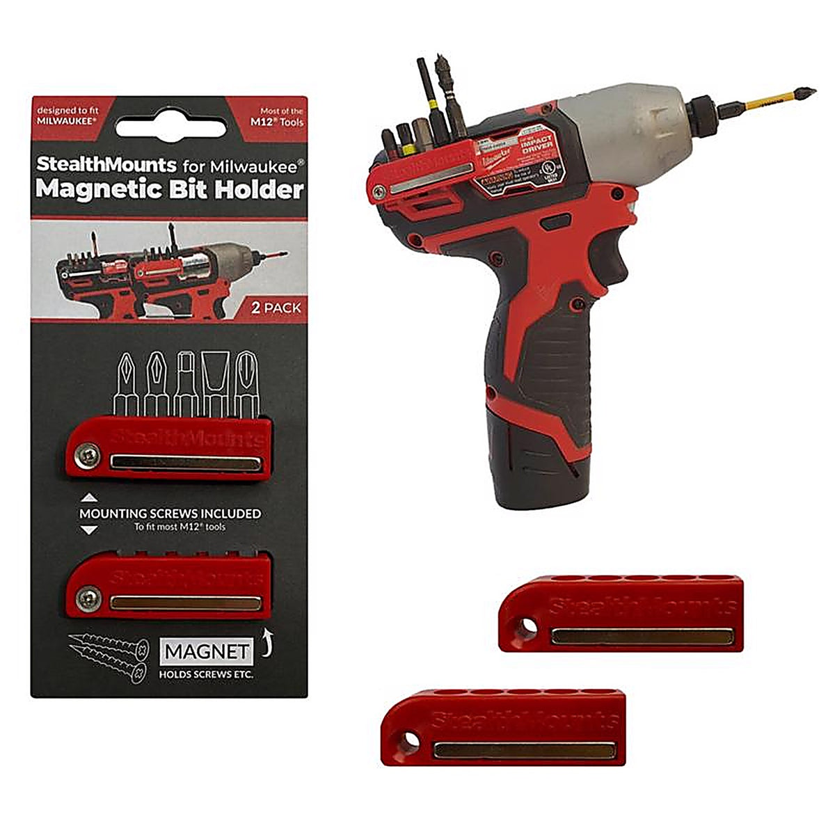 StealthMounts - BH-MW12-RED-2 - Bit Holders Compatible with Milwaukee M12; Red Abs Magnetic Bit Holder 2 Pack