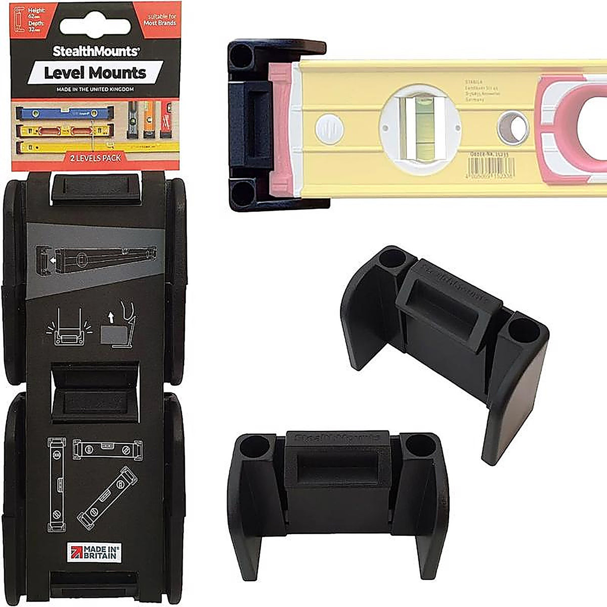 StealthMounts - OM-LM-BLK-2 - Black Abs Level Mount Holder 2 Pack