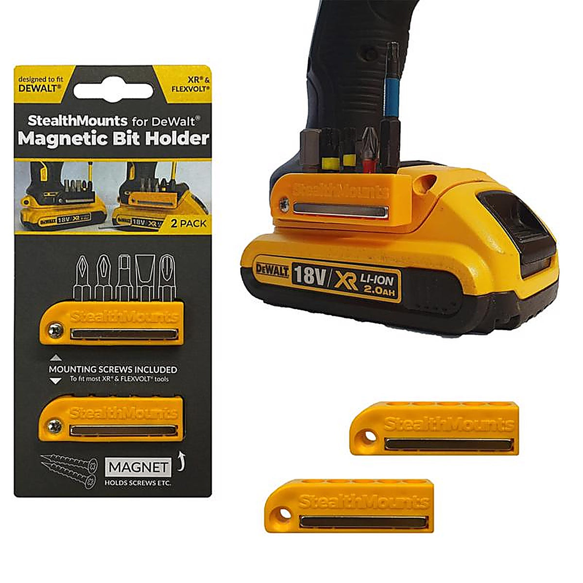 StealthMounts - BH-DW-YLW-2 - Bit Holders Compatible with Dewalt 20V; Yellow Abs Magnetic Bit Holder 2 Pack