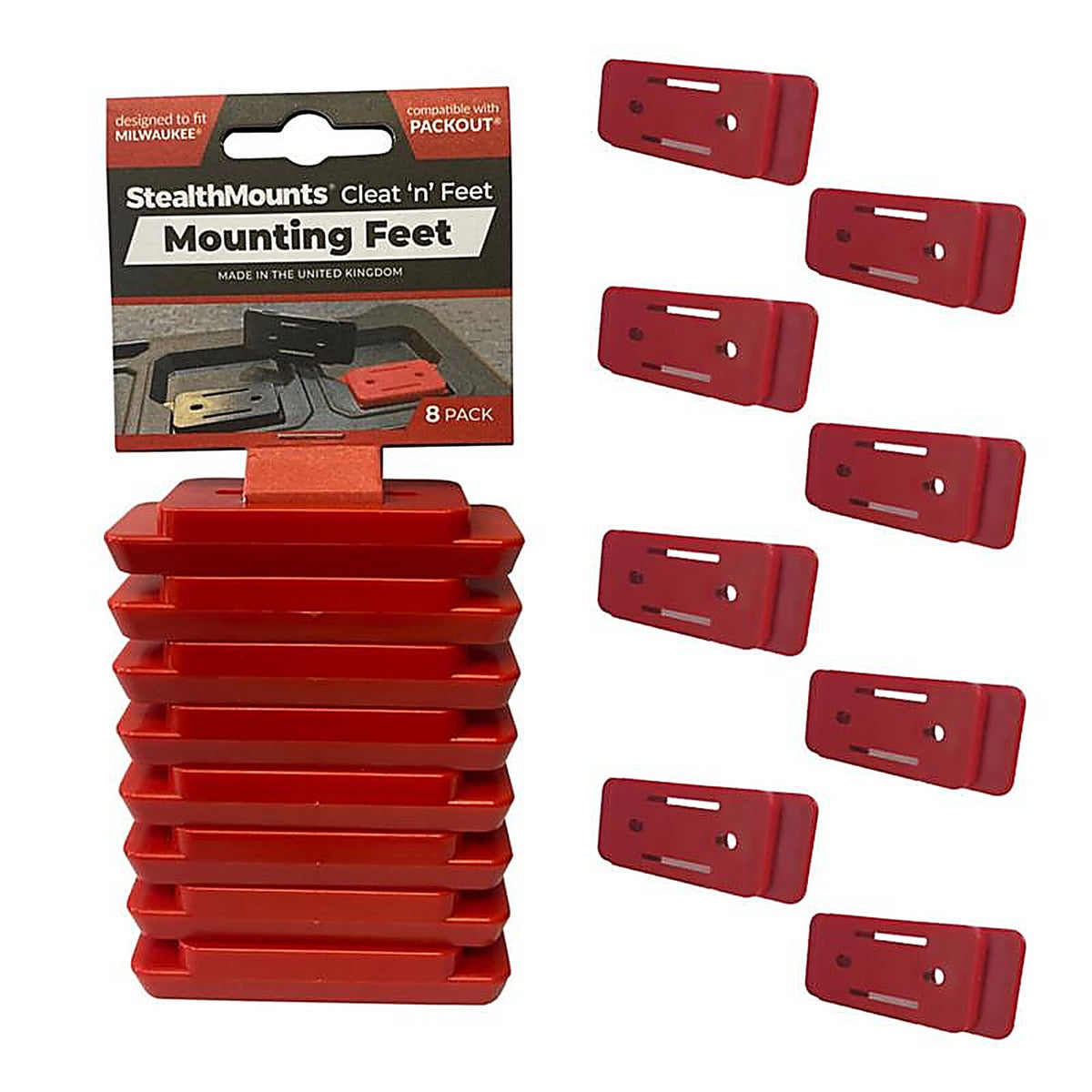 StealthMounts - PAC-F-02-8 - Mounting Feet Compatible with Milwaukee Packout; Red Abs Packout Holder 8 Pack