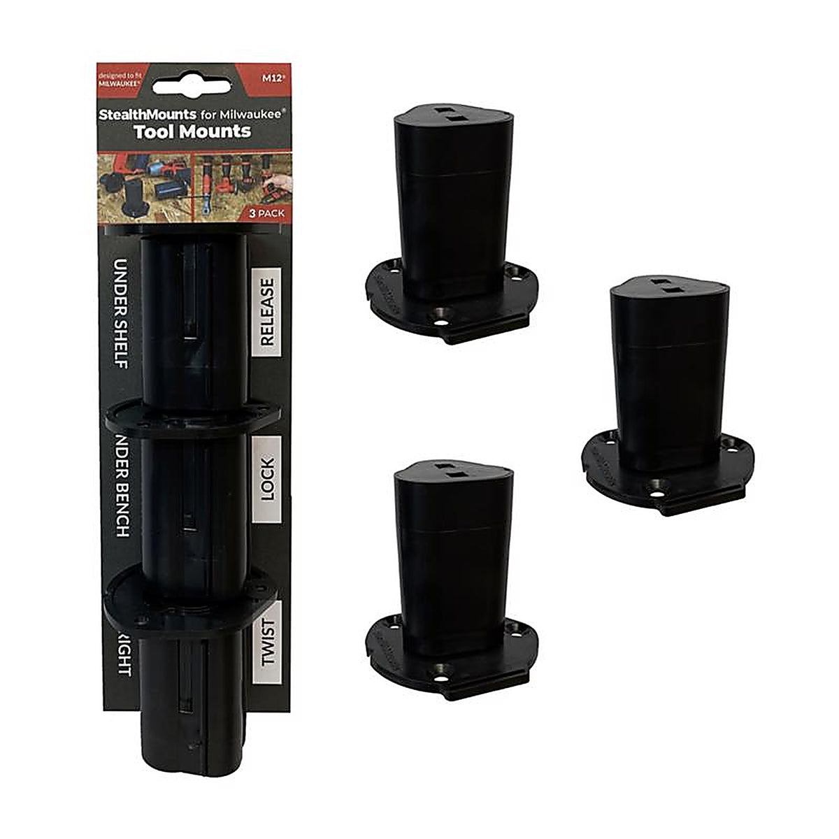 StealthMounts - TM-MW12-BLK-3 - Tool Holders Compatible with Milwaukee M12; Black Abs Tool Holder 3 Pack