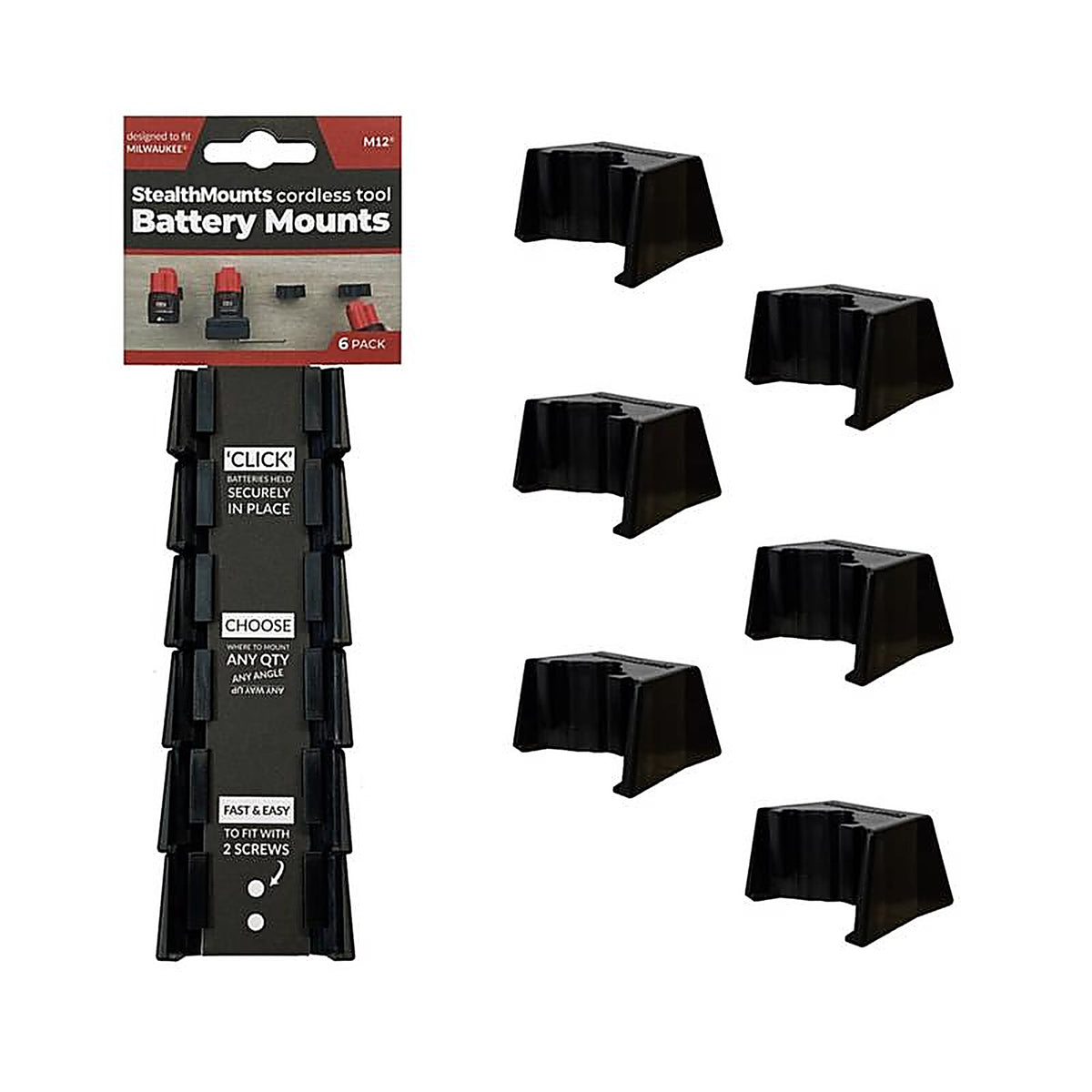 StealthMounts - BM-MW12-BLK-6 - Battery Mounts Compatible with Milwaukee M12; Black Abs Battery Holder 6 Pack