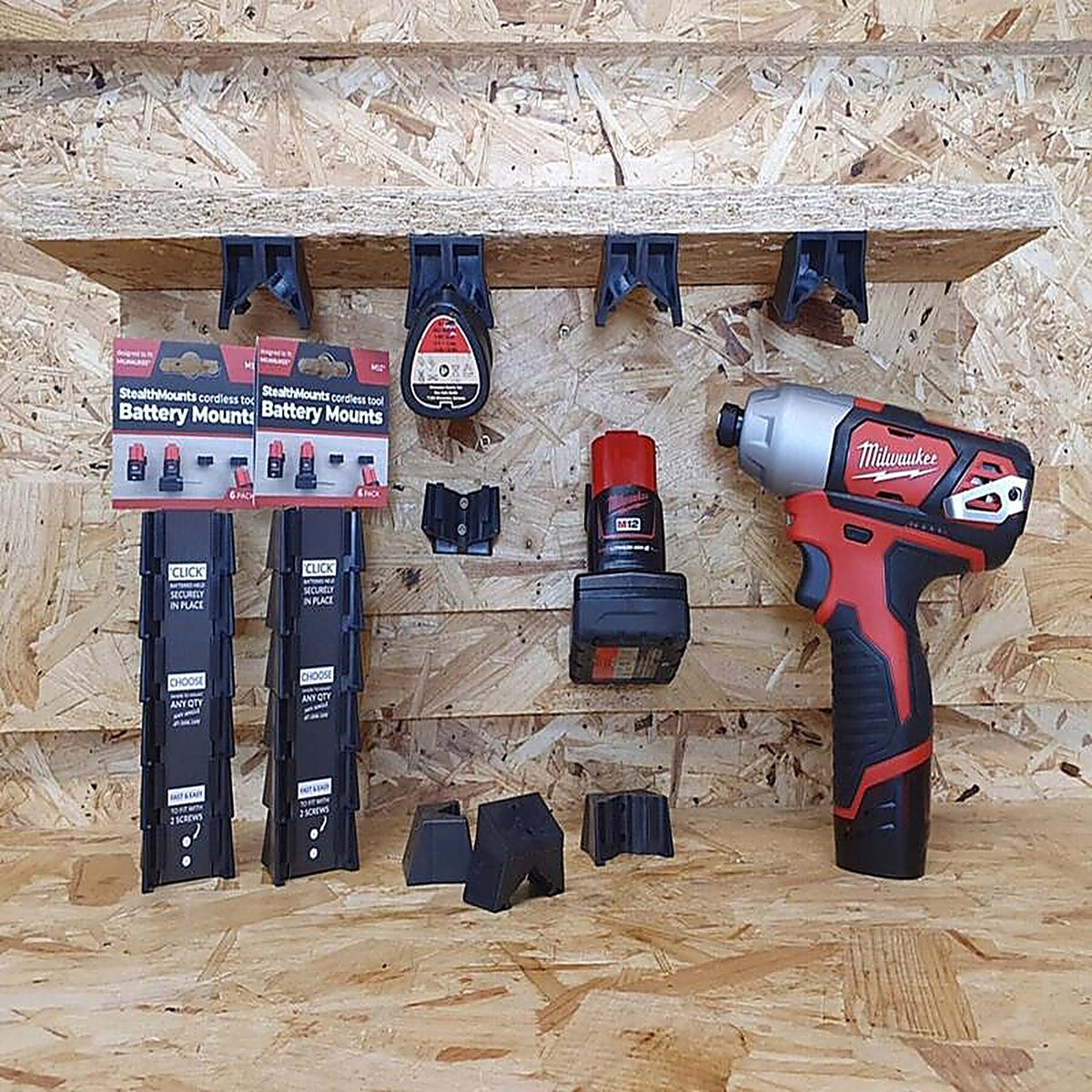 StealthMounts - BM-MW12-BLK-6 - Battery Mounts Compatible with Milwaukee M12; Black Abs Battery Holder 6 Pack