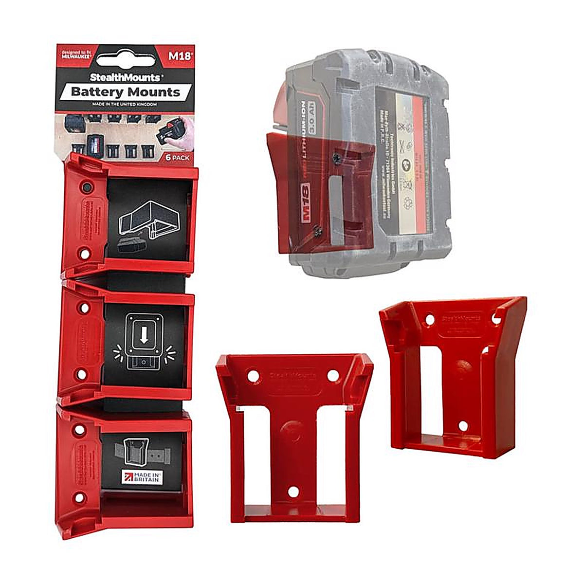 StealthMounts - BM-MW18-RED-6 - Battery Mounts Compatible with Milwaukee M18; Red Abs Battery Holder 6 Pack