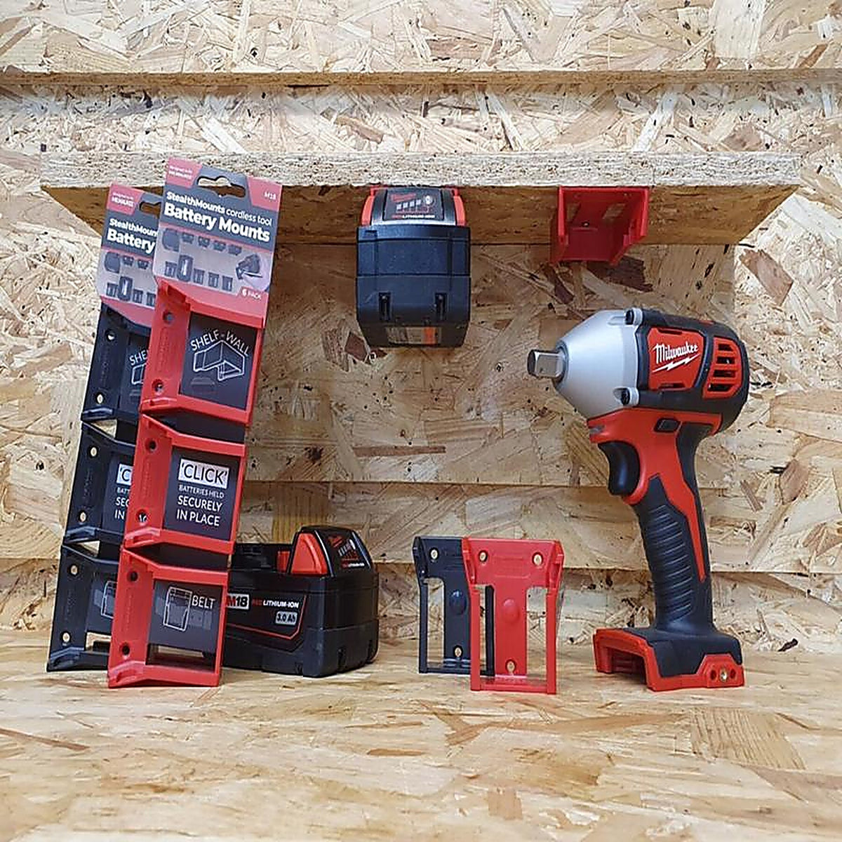 StealthMounts - BM-MW18-RED-6 - Battery Mounts Compatible with Milwaukee M18; Red Abs Battery Holder 6 Pack
