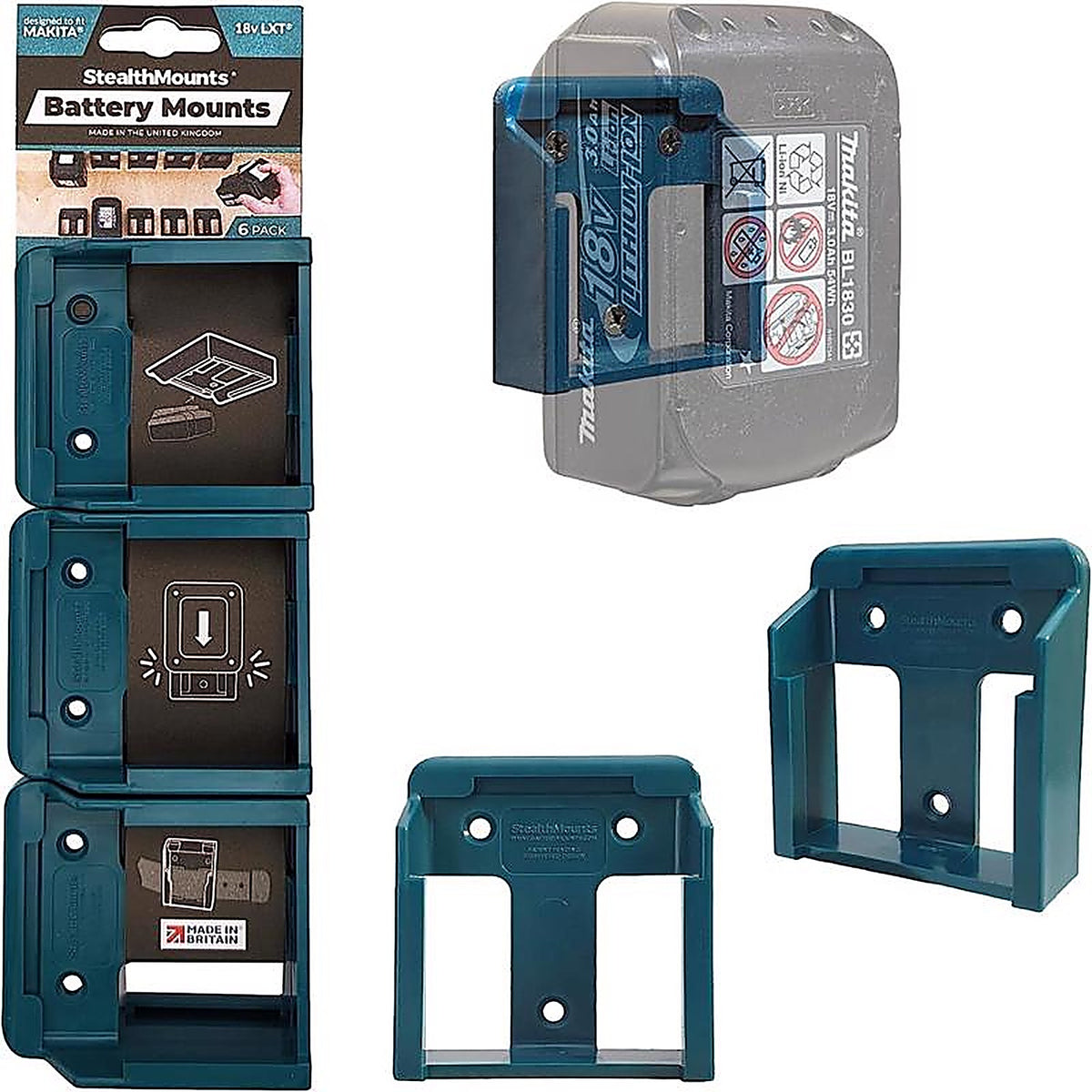 StealthMounts - BM-MK18-BLU-6 - Battery Mounts Compatible with Makita 18V Lxt; Blue Abs Battery Holder 6 Pack