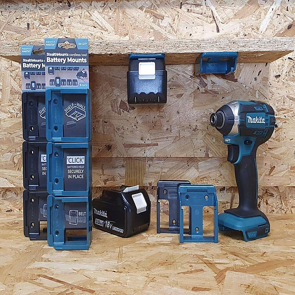 StealthMounts - BM-MK18-BLU-6 - Battery Mounts Compatible with Makita 18V Lxt; Blue Abs Battery Holder 6 Pack
