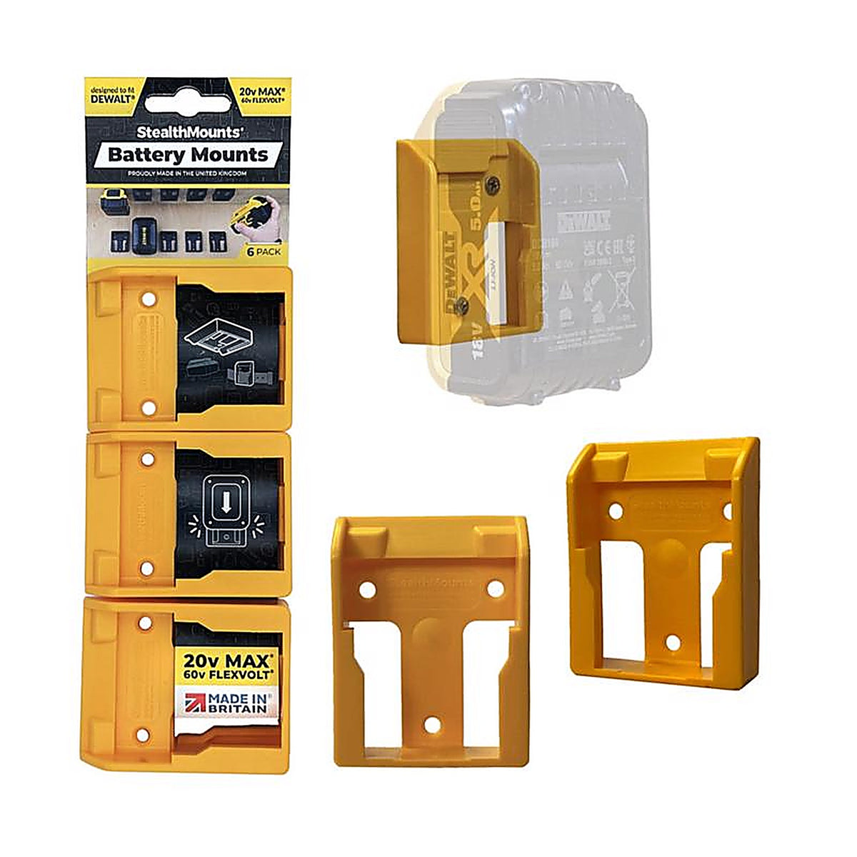 StealthMounts - BM-DW20-YLW-6 - Battery Mounts Compatible with Dewalt 20V Max; Yellow Abs Battery Holder 6 Pack