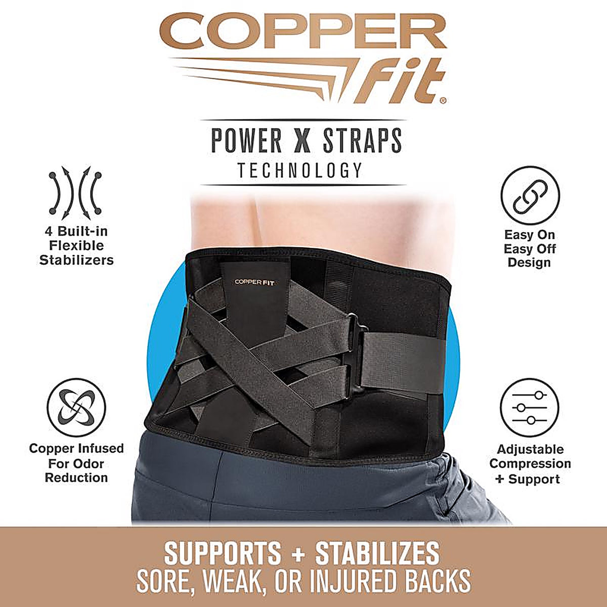Copper Fit - CFPWRCRSM - Back Pro Black Power X Straps Technology Compression Back Support Belt 1 Pack 1 Pack