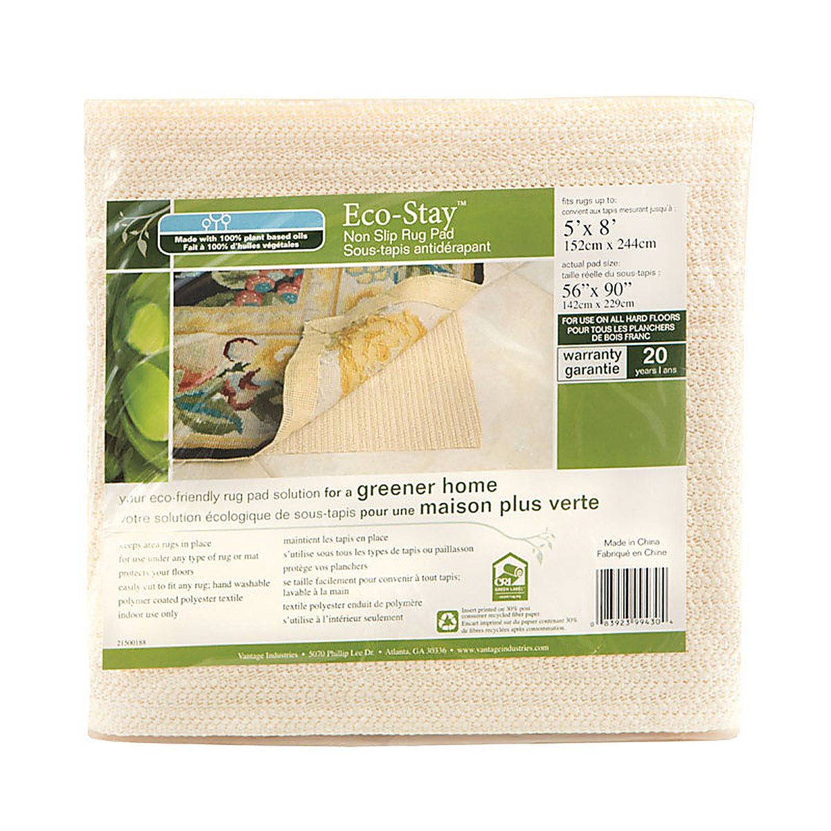 Con-Tact - VATG-V14738-06 - Eco Stay 5 Ft. W X 8 Ft. L Reversible Polyester Indoor Rug Pad