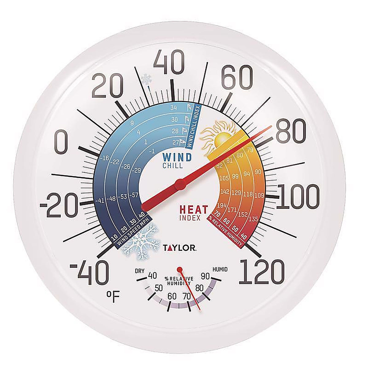Taylor 6751 Wind Chill and Heat Index Dial Thermometer Plastic Multicolored 13.25 in.