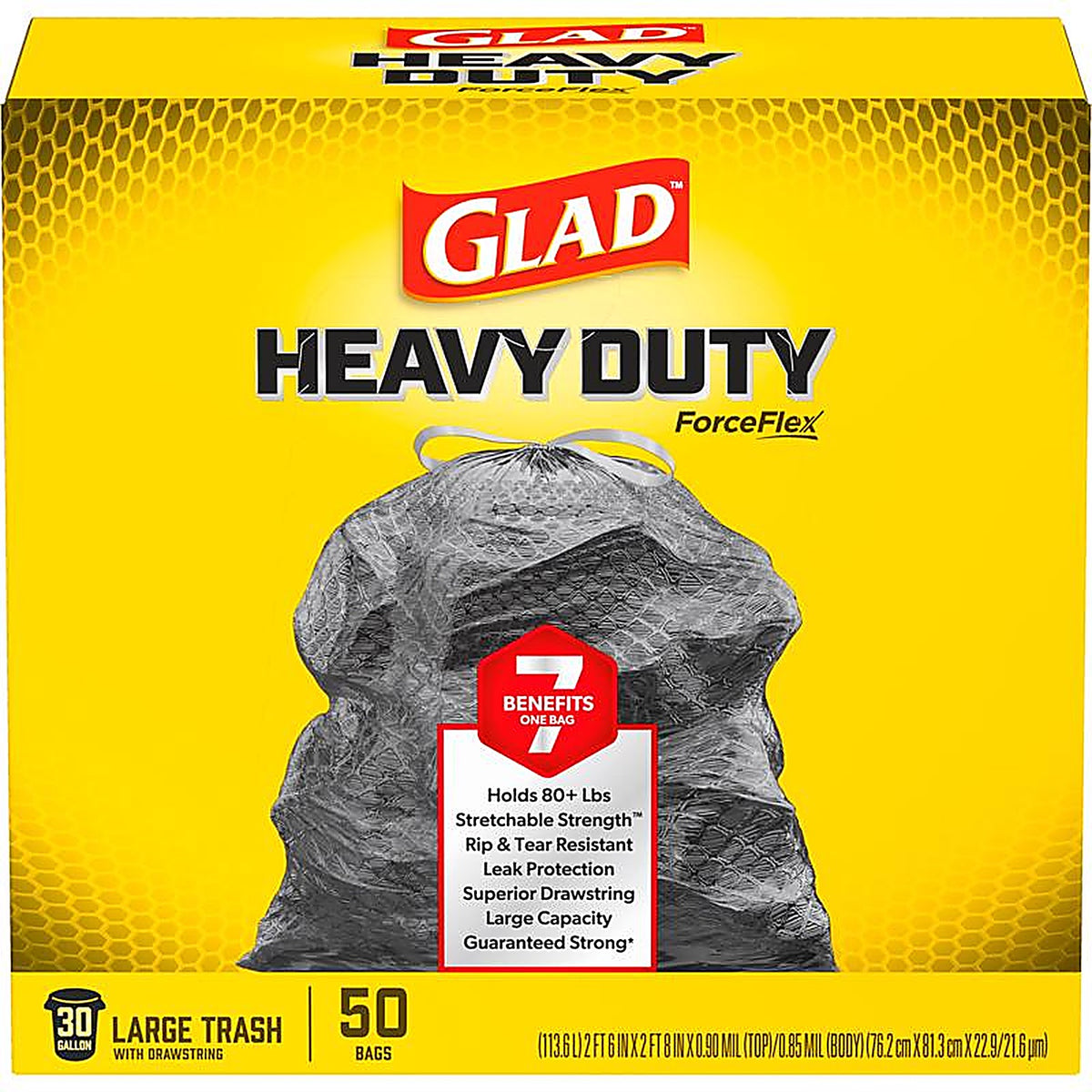 Glad 78539 ForceFlex 30 gal. Trash Bags Drawstring 50/Pack
