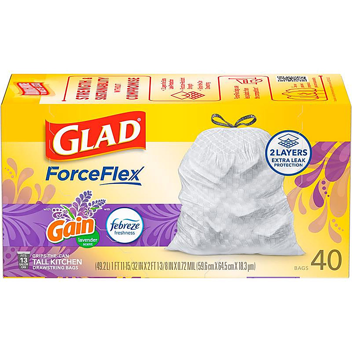 Glad 78459 13 gal. Lavender Scent Tall Kitchen Bags Drawstring 40/Pack