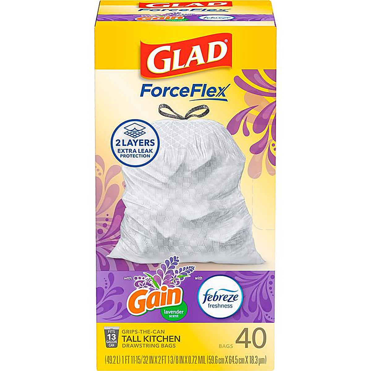 Glad 78459 13 gal. Lavender Scent Tall Kitchen Bags Drawstring 40/Pack