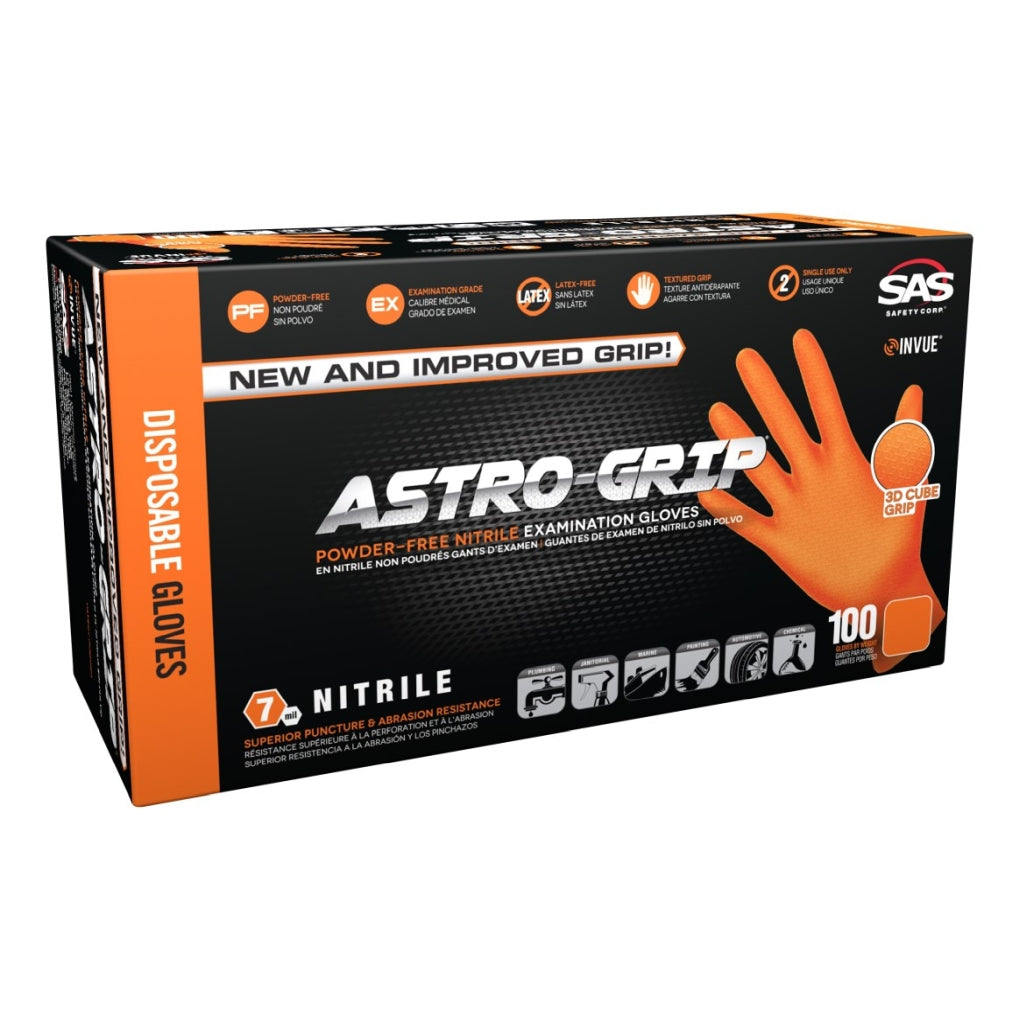 SAS Safety 66472 Astro-Grip Powder-Free Nitrile Exam Grade Disposable Gloves 7 Mil Medium 100/Pack