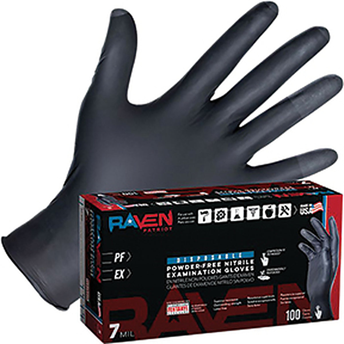 SAS Safety - 66483 - Raven Patriot Powder-Free Exam Grade Nitrile Disposable Gloves - 7 Mil - 100pk - L