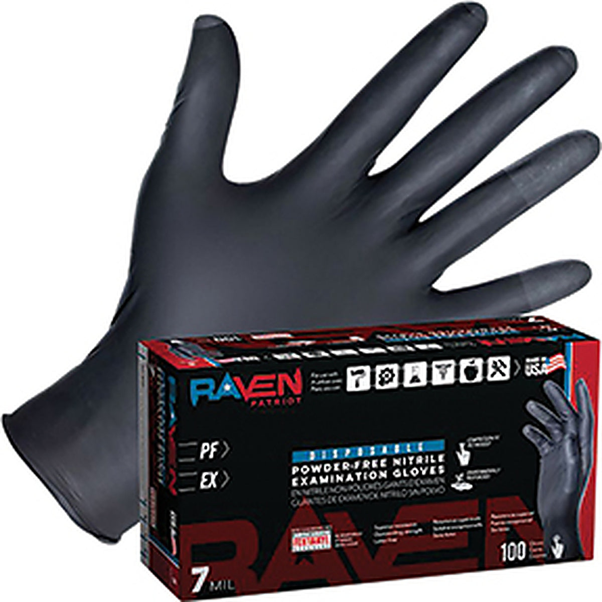 SAS Safety - 66484 - Raven Patriot Powder-Free Exam Grade Nitrile Disposable Gloves - 7 Mil - 100pk - XL