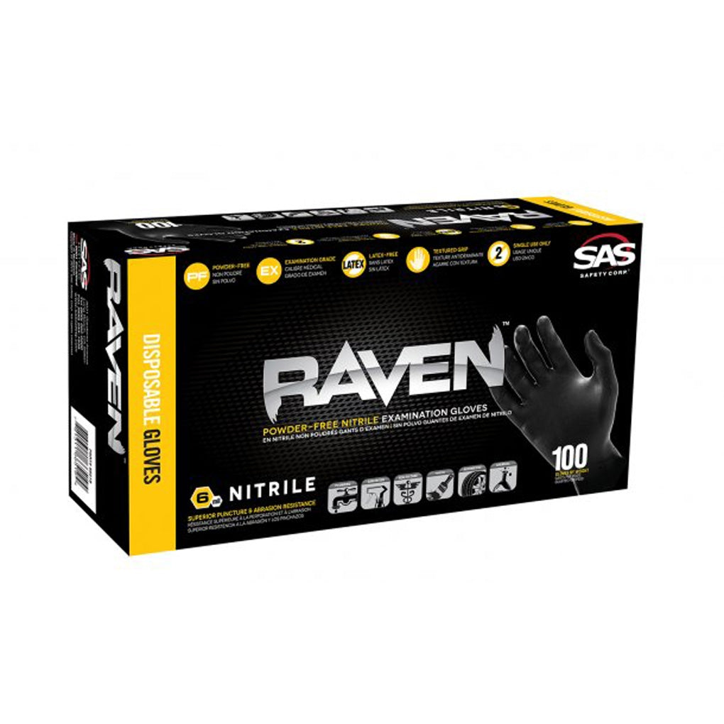 SAS Safety 66517 Raven Powder-Free Nitrile Gloves, Medium 100/Pack