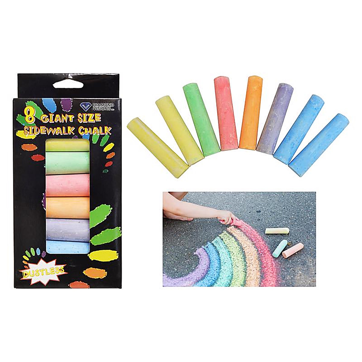 Diamond Visions 01-0923 Max Force Giant Size Dustless Nontoxic Assorted Color Sidewalk Chalk 8 pk