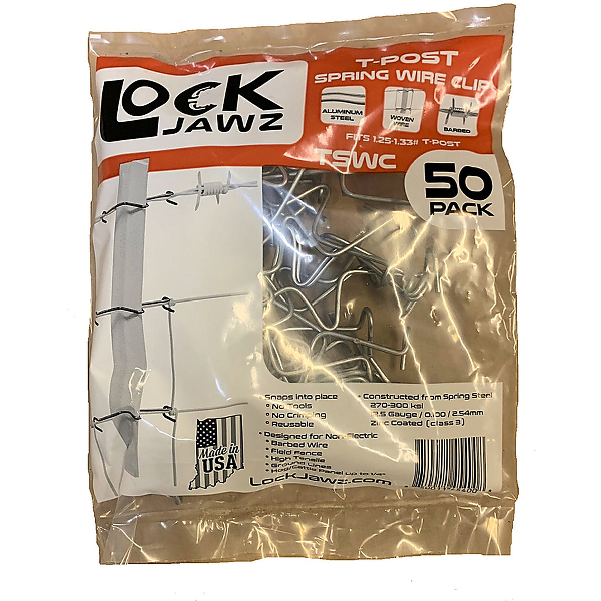 Lockjawz - TSWC-50 - 2 In. H X 10 In. W X 14 In. L 12 Ga. Silver Steel T-Post Clip