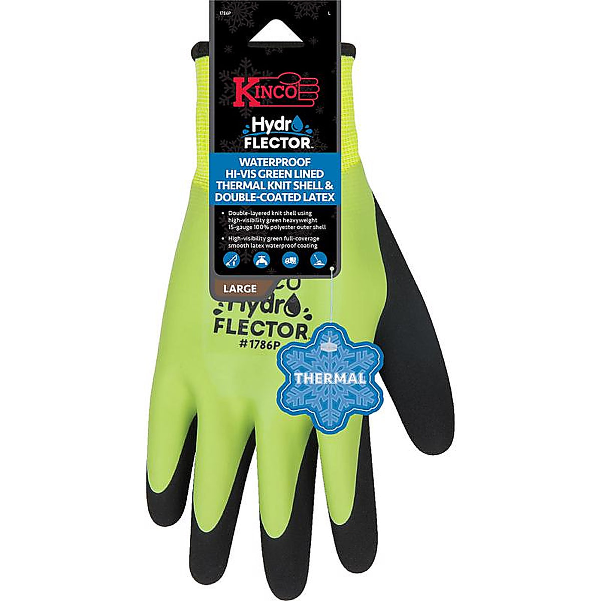 Kinco - 1786P-XL - Hydroflector Mens Knit Wrist Cuff Waterproof Gloves Black/Green XL 1 Pair