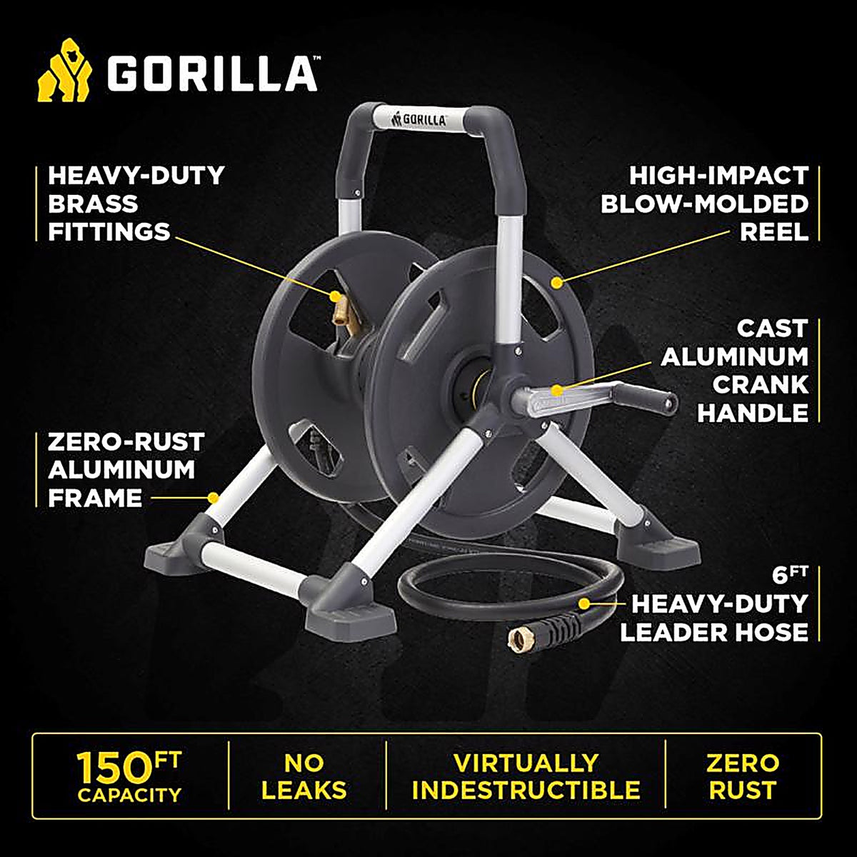 Gorilla - GRS-150H - 150 Ft. Black/Gray Retractable Free Standing Hose Reel Cart