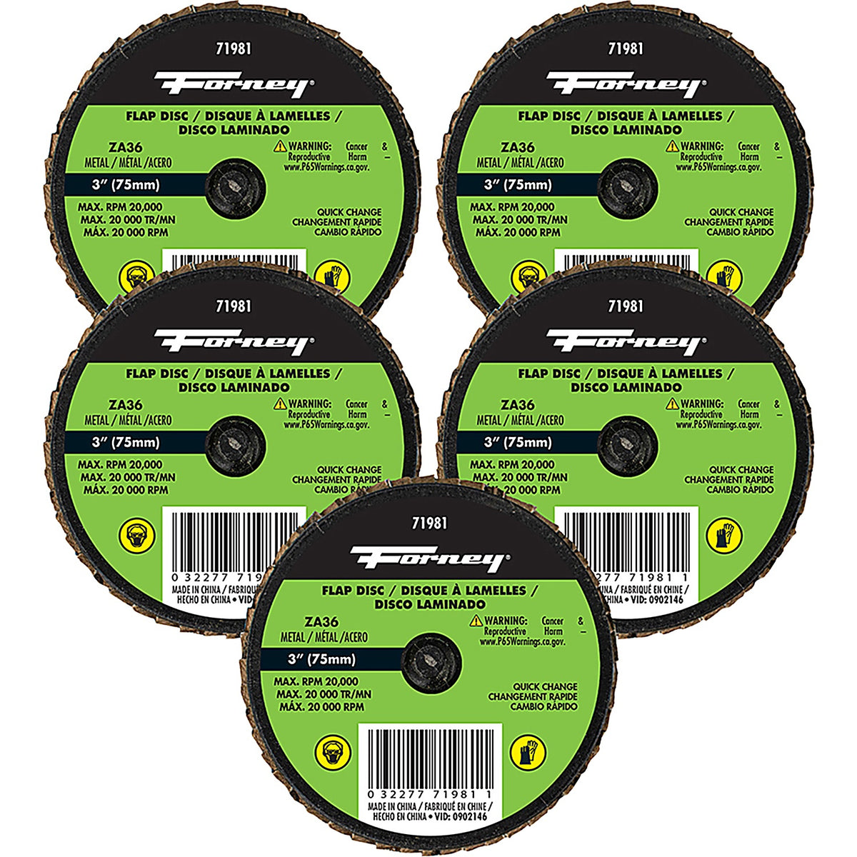 Forney - 71615 - Quickchangeflapdisc, 36 Grit, 3 Inch in (5-Pack-#71981)