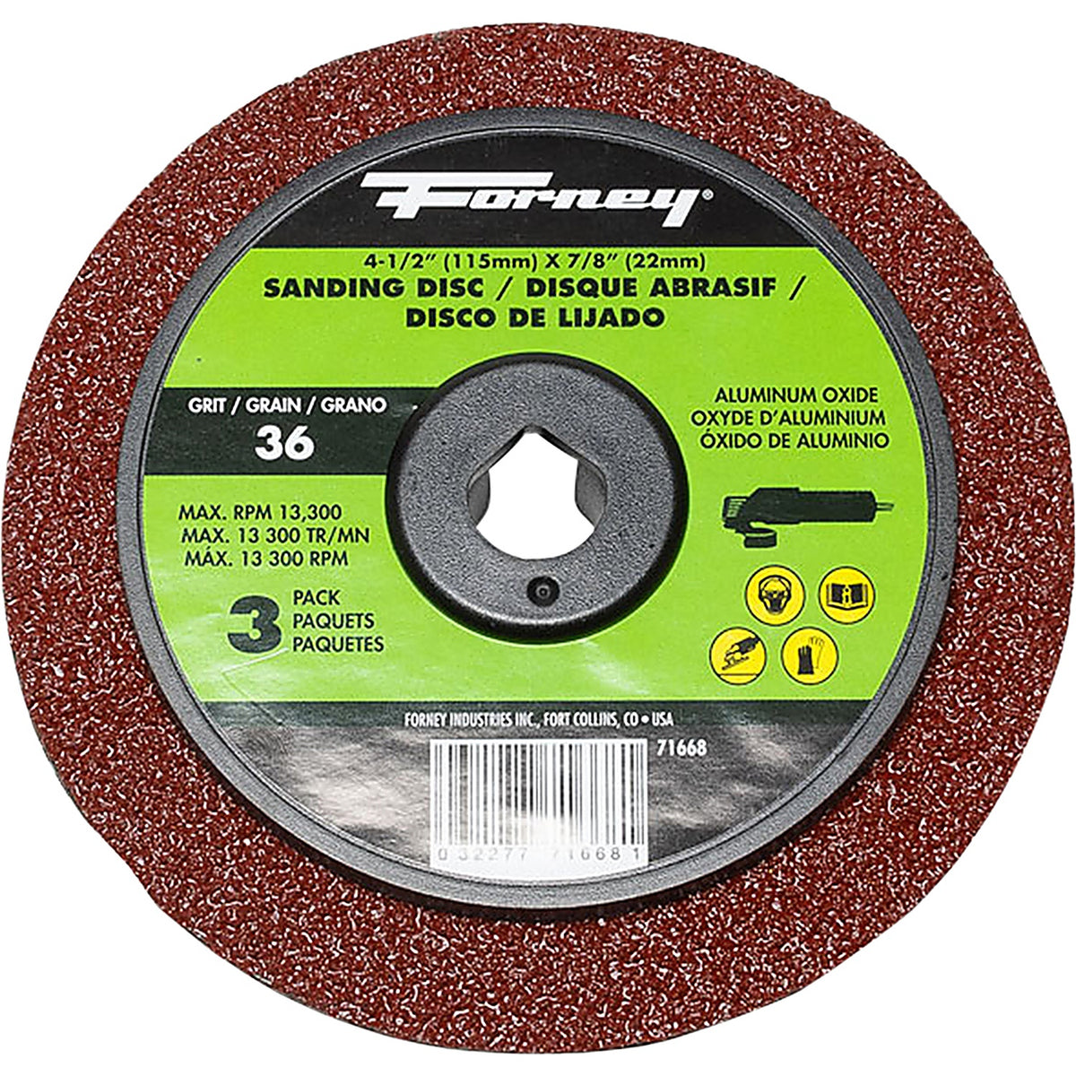 Forney - 71668 - ResinFibreSandDiscAlumOxid4-1/2 Inch X 7/8 Inch Arb, 36grit