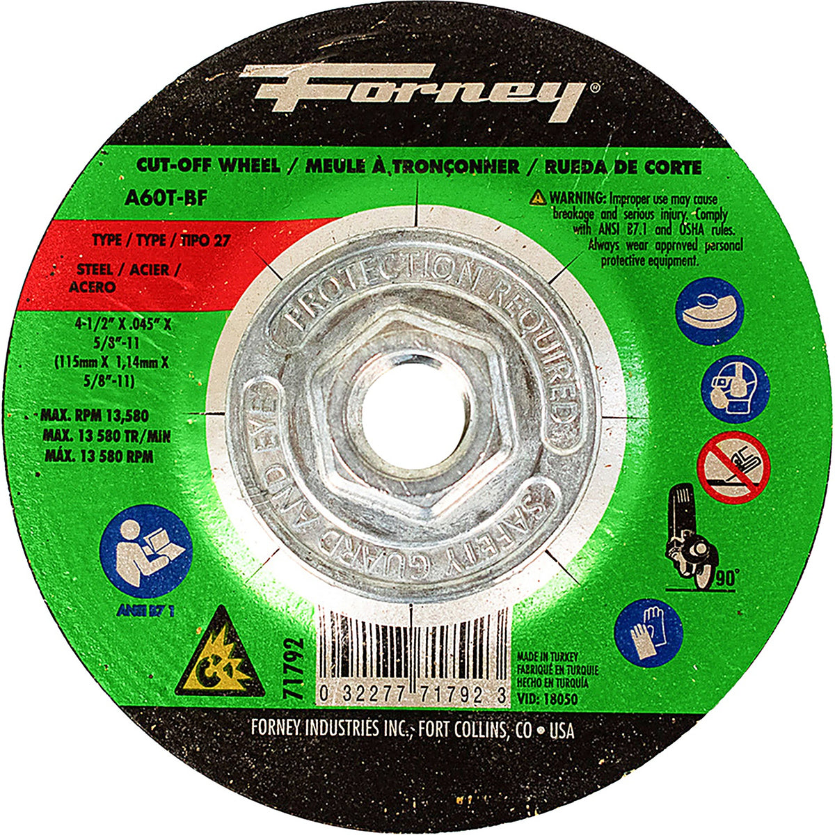 Forney - 71792 - Cut-Off wheel, metal, Type27, 4-1/2 Inch X .045 Inch X5/8 Inch -12