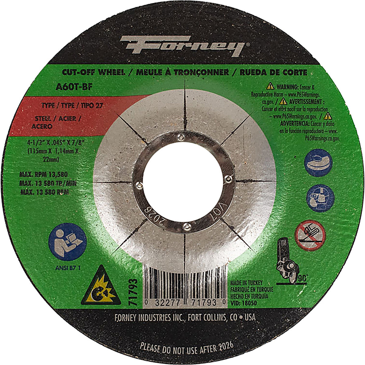 Forney - 71793 - Cut-Off Wheel, metal, type 27, 4-1/2 Inch X .045 Inch X 7/8 Inch