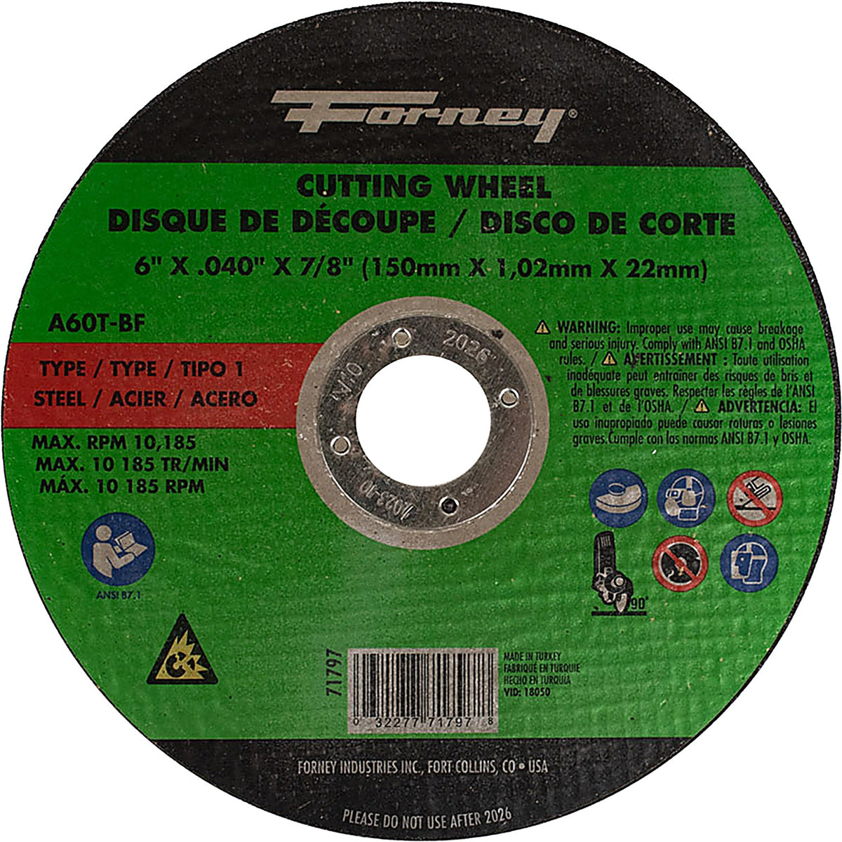 Forney - 71797 - Cut-Off Wheel, metal, type 1, 6 Inch X .040 in X 7/8 in