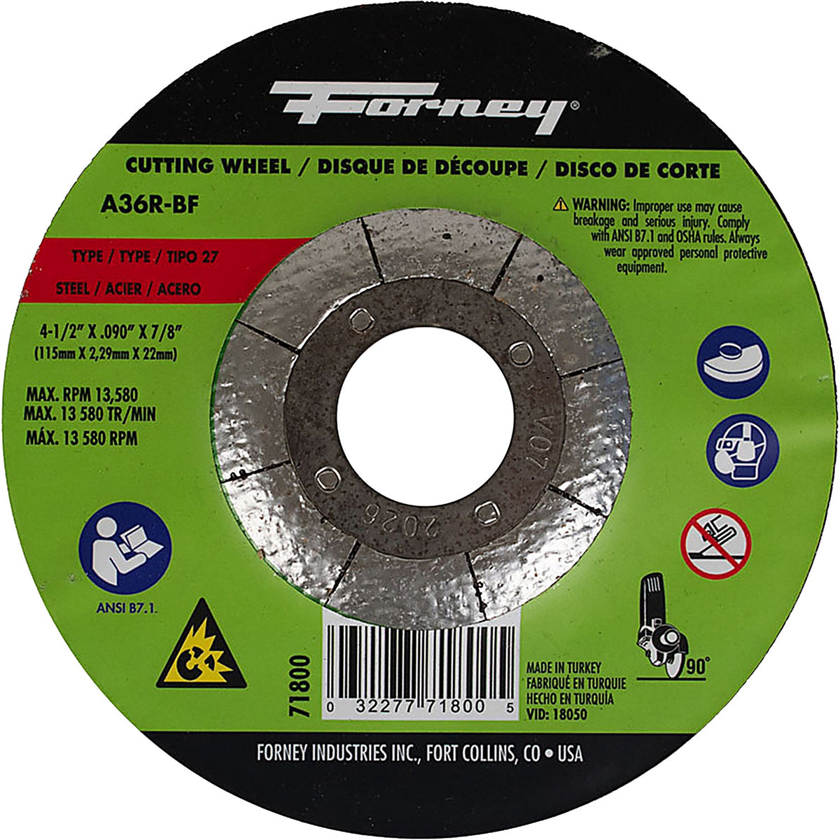Forney - 71800 - Cut-Off Wheel, metal, type 27, 4-1/2 Inch X .090 Inch X 7/8 Inch