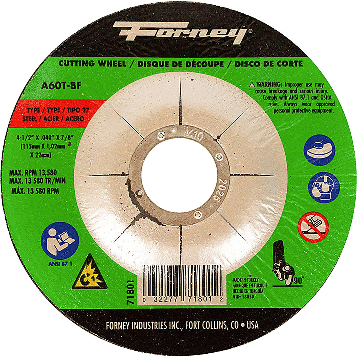 Forney - 71801 - Cut-Off Wheel, Metal, type 27, 4-1/2 Inch X .040 Inch X7/8 Inch