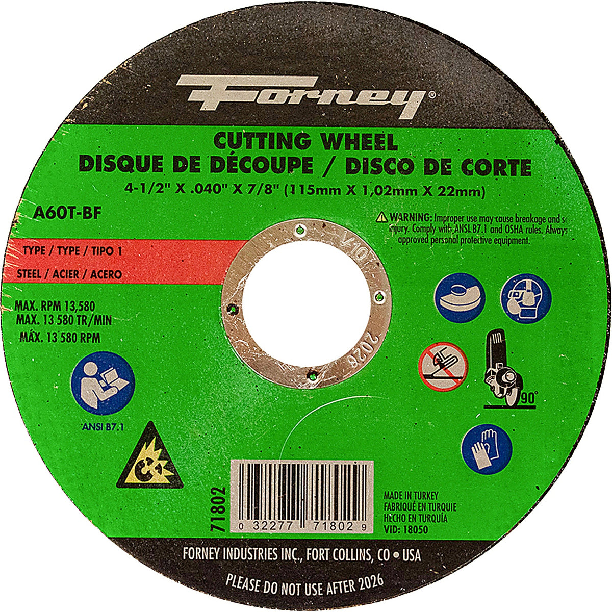 Forney - 71802 - Cut-Off Wheel, metal, type 1, 4-1/2 Inch X .040 Inch X 7/8 Inch