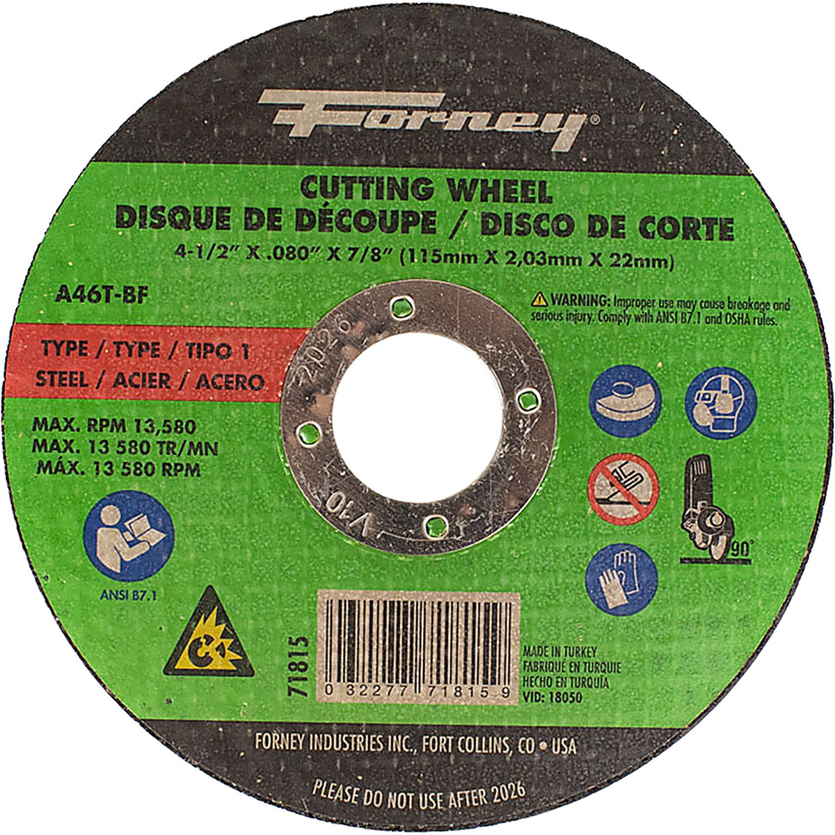 Forney - 71815 - Cut-Off Wheel, metal, type 1, 4-1/2 Inch X .080 Inch X 7/8 Inch