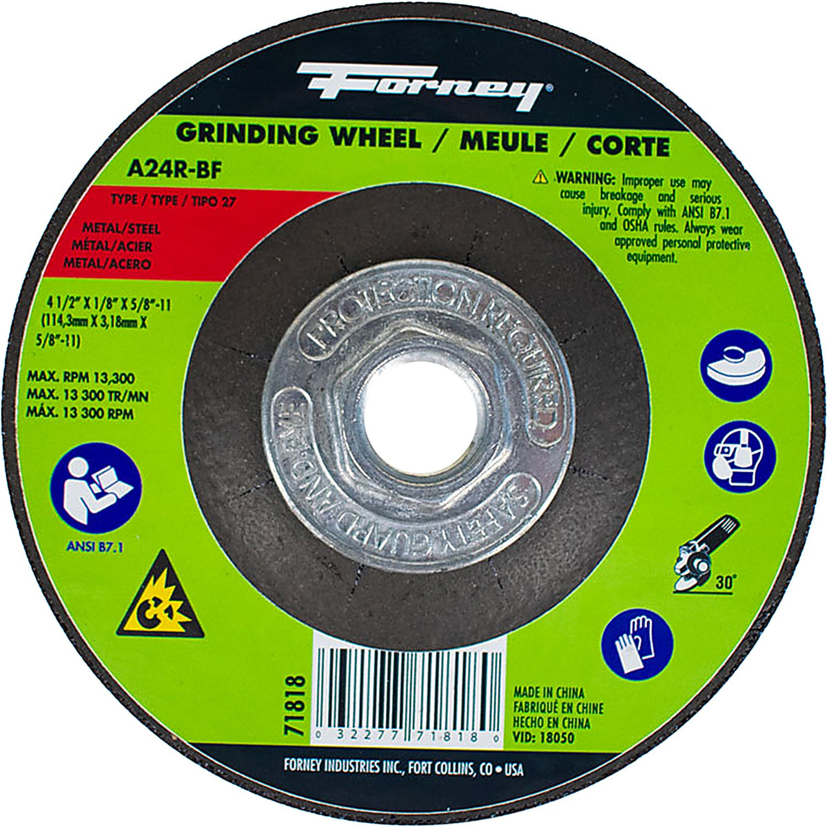 Forney - 71818 - Grind Wheel, metal, type 27, 4-1/2 Inch X 1/8 Inch X 5/8 Inch -12