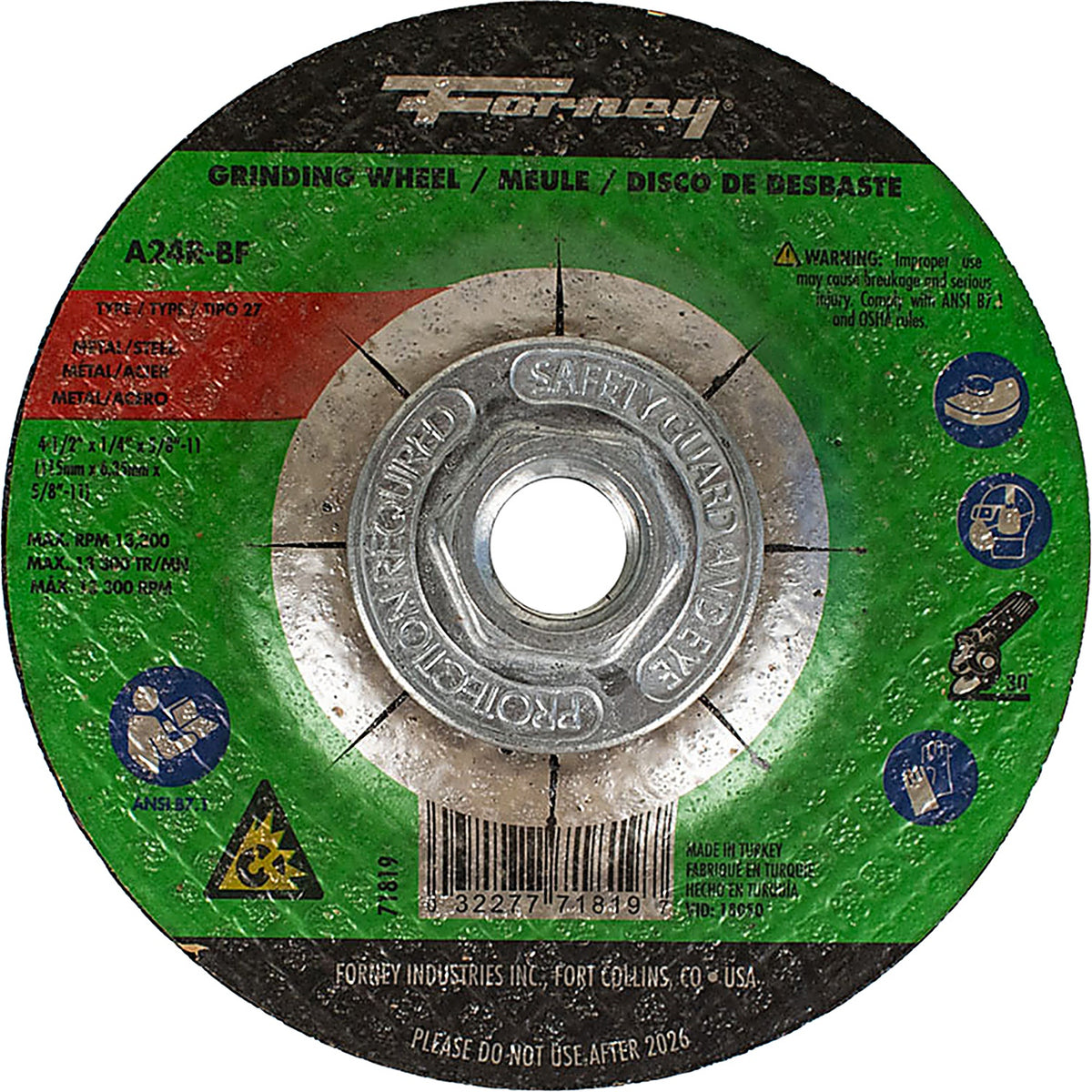 Forney - 71819 - Grind Wheel, metal, type27, 4-1/2 Inch X 1/4 Inch X 5/8 Inch -12