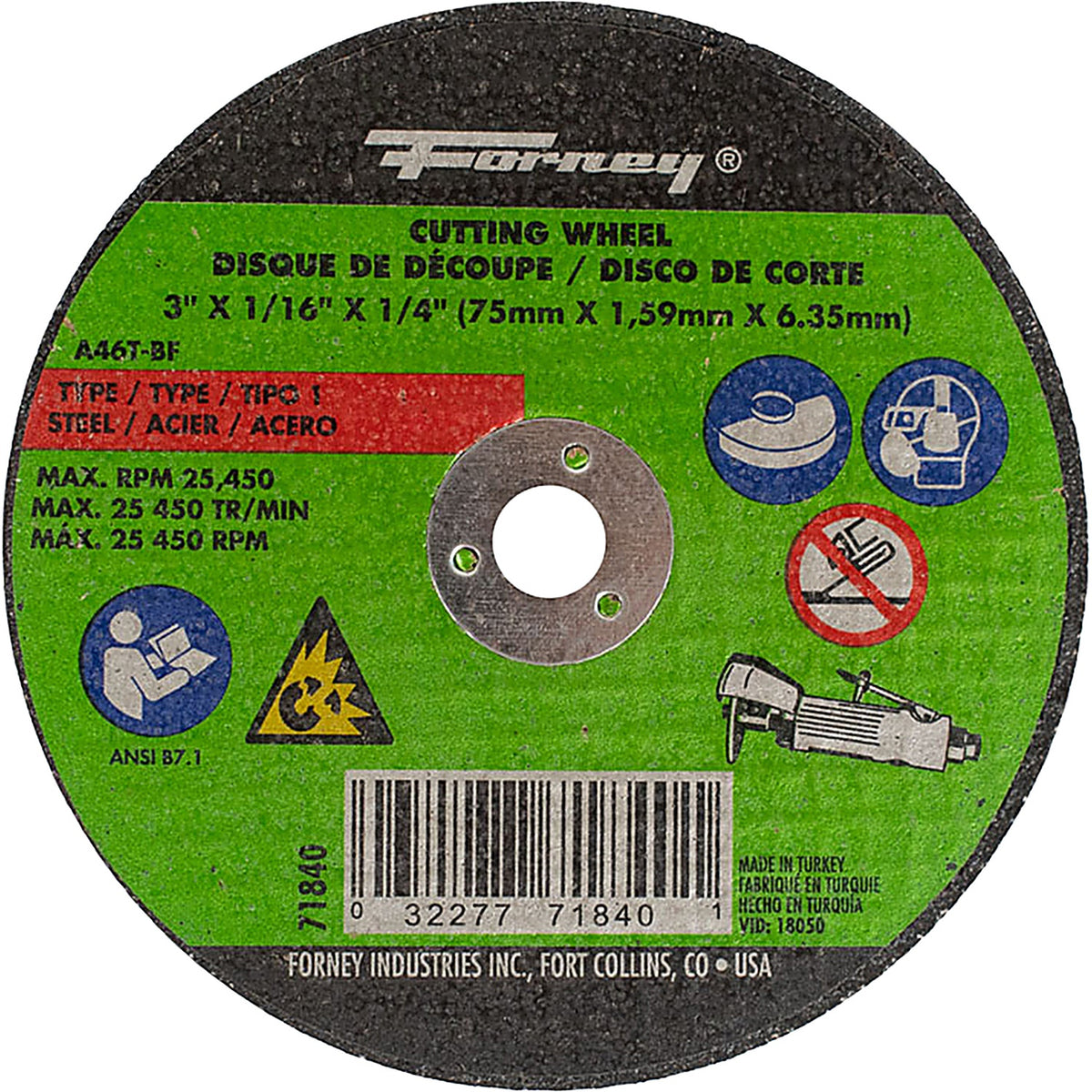 Forney - 71840 - Cut-Off Wheel, Metal, Type 1, 3 Inch X 1/16 Inch X 1/4 Inch