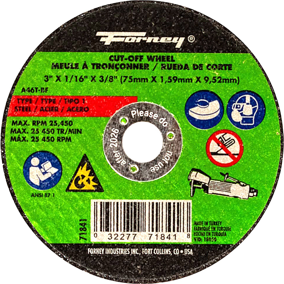 Forney - 71841 - Cut-Off Wheel, Metal, Type 1, 3 Inch X 1/16 Inch X 3/8 Inch