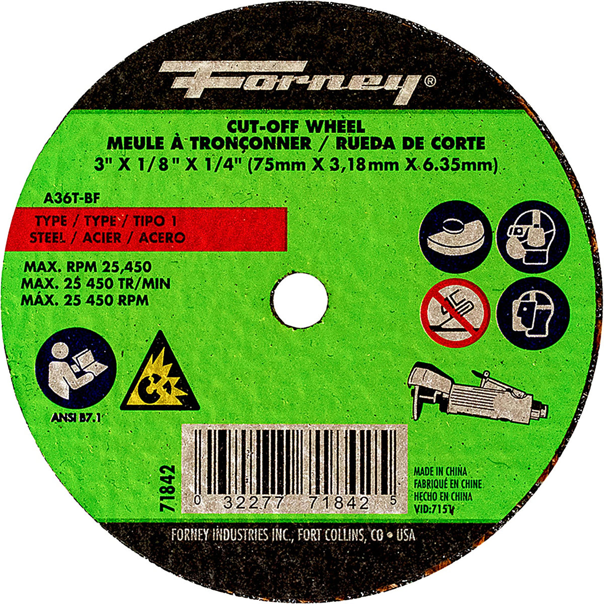 Forney - 71842 - Cut-Off Wheel, Metal, Type 1, 3 Inch X 1/8 Inch X 1/4 Inch