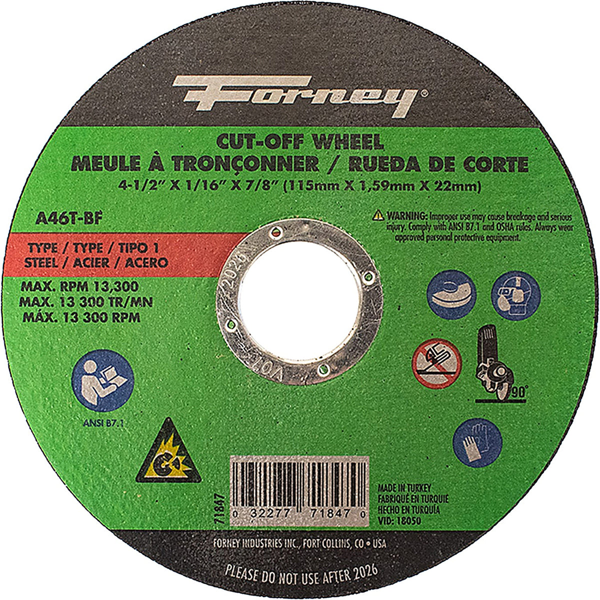 Forney - 71847 - Cut-Off Wheel, Metal, type 1, 4-1/2 Inch X 1/16 Inch X 7/8 Inch