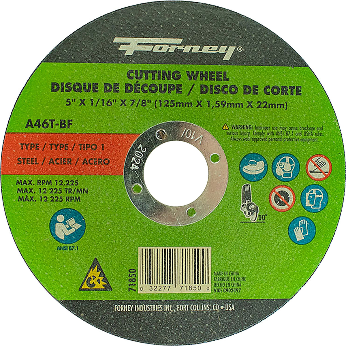 Forney - 71850 - Cut-Off Wheel, Metal, Type 1, 5 Inch X 1/16 Inch X 7/8 Inch