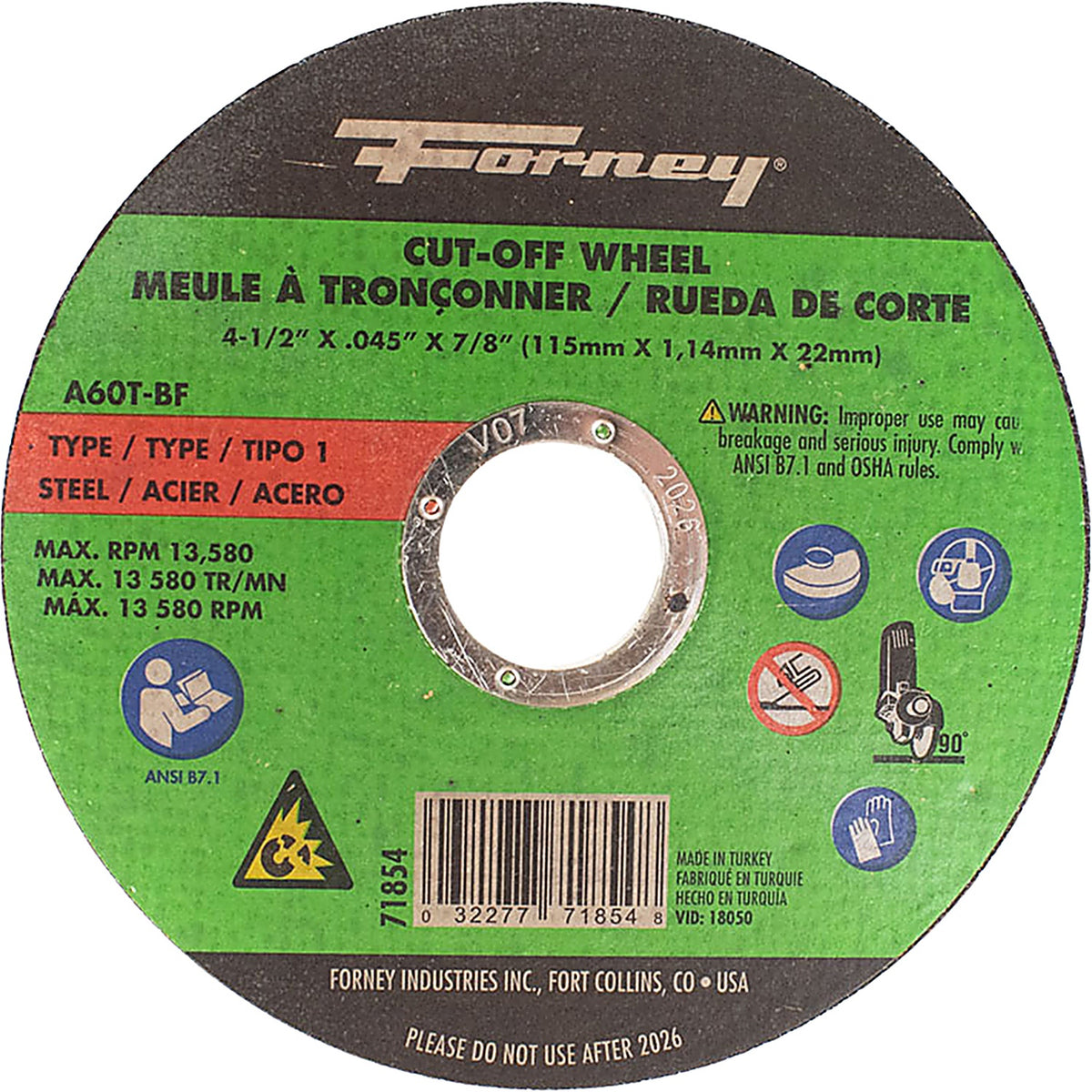 Forney - 71854 - Cut-Off Wheel, Metal, Type 1, 4-1/2 X .045 X 7/8